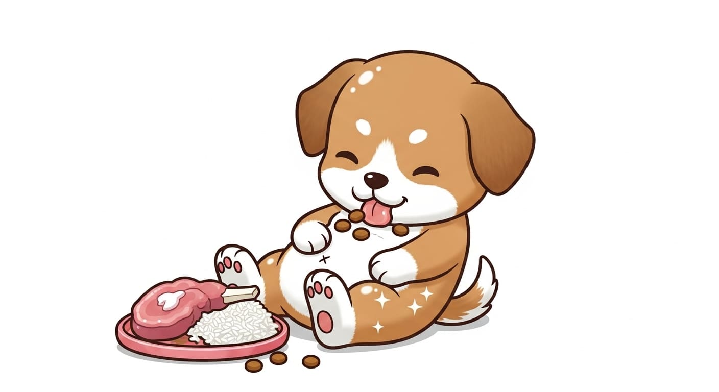 양고기와-쌀-모양-사료를-맛있게-먹고-있는-강아지-캐릭터