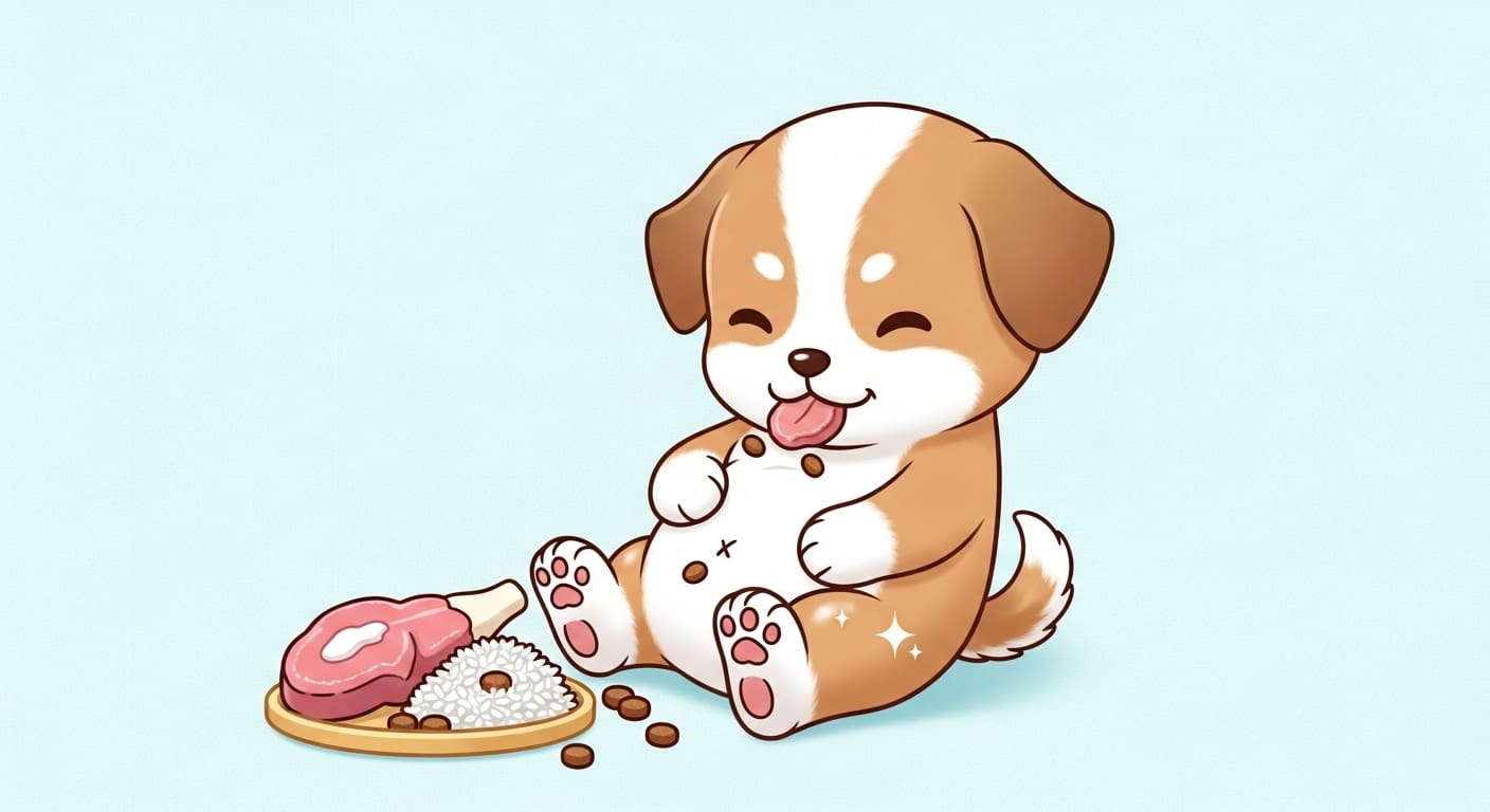 윤기-나는-털과-편안한-표정으로-배를-쓰다듬는-강아지-캐릭터