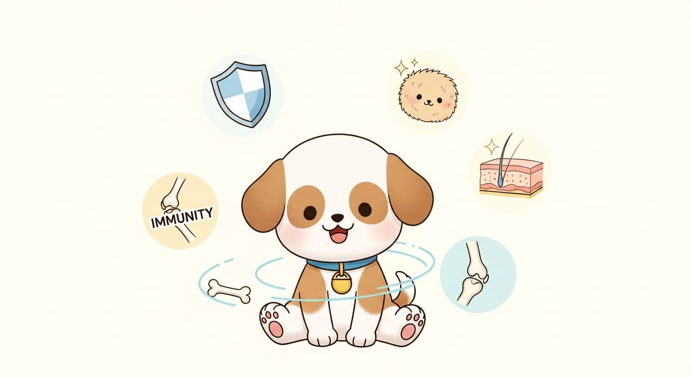 사료를-먹은-후-면역력-피부-관절-아이콘에-둘러싸인-강아지-캐릭터