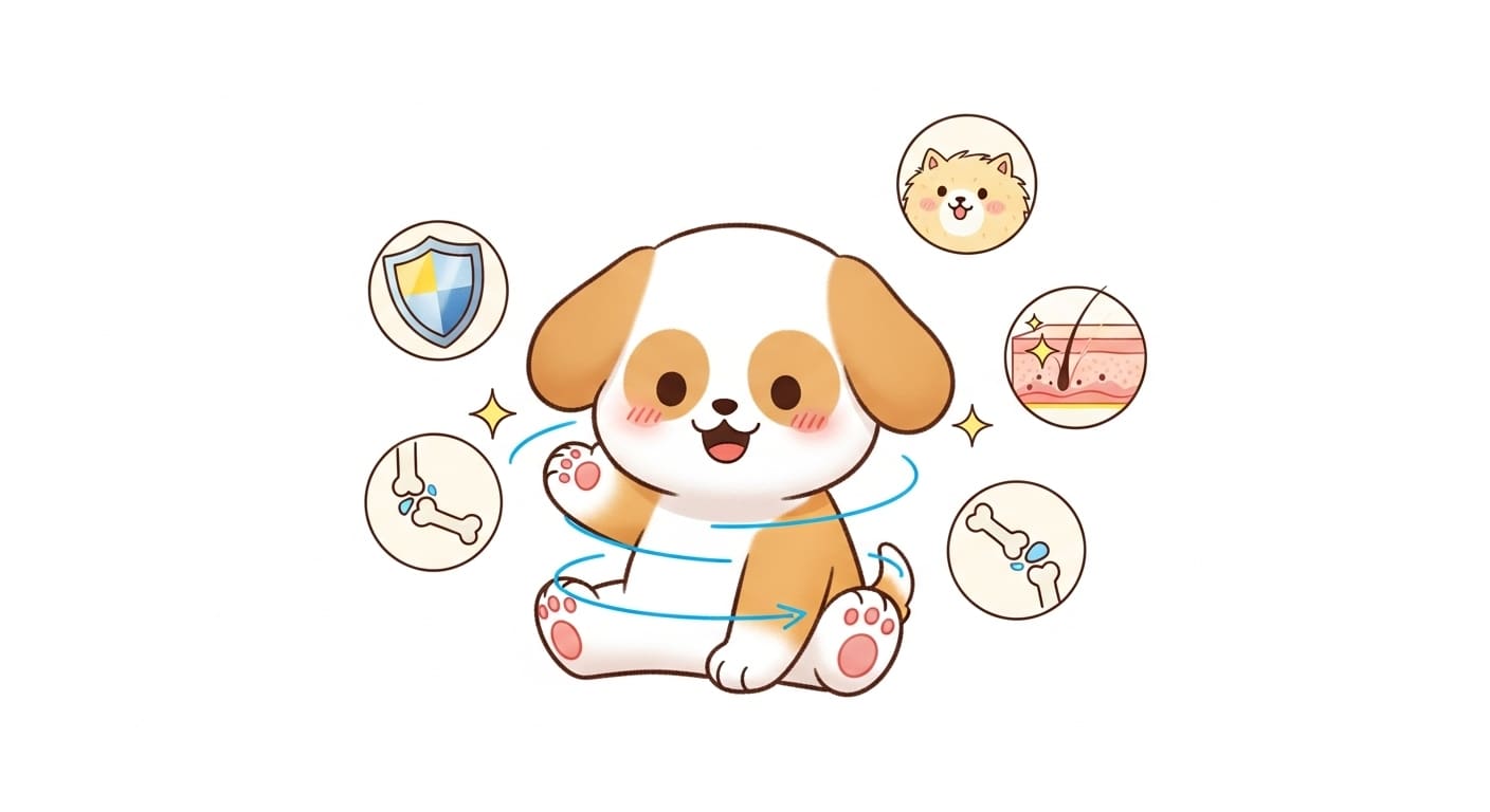 튼튼한-모습으로-웃고-있는-강아지와-건강을-상징하는-아이콘들