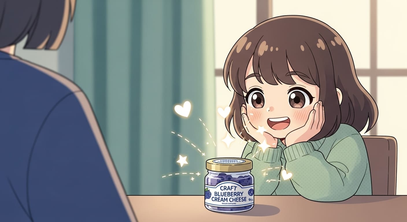 테이블에-놓인-크래프트-블루베리-크림치즈-병을-바라보는-캐릭터