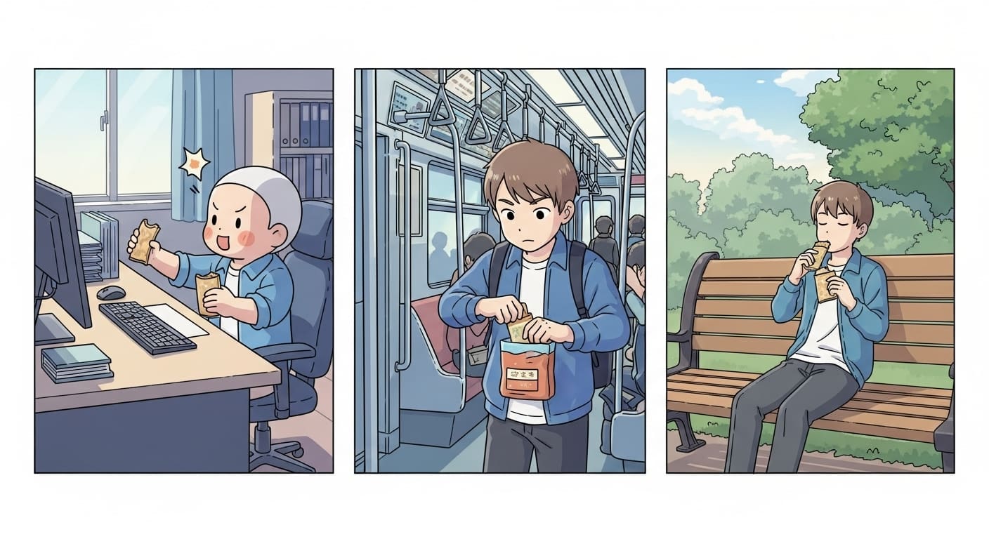 사무실-책상에서-간식을-먹고-에너지를-얻는-캐릭터의-모습
