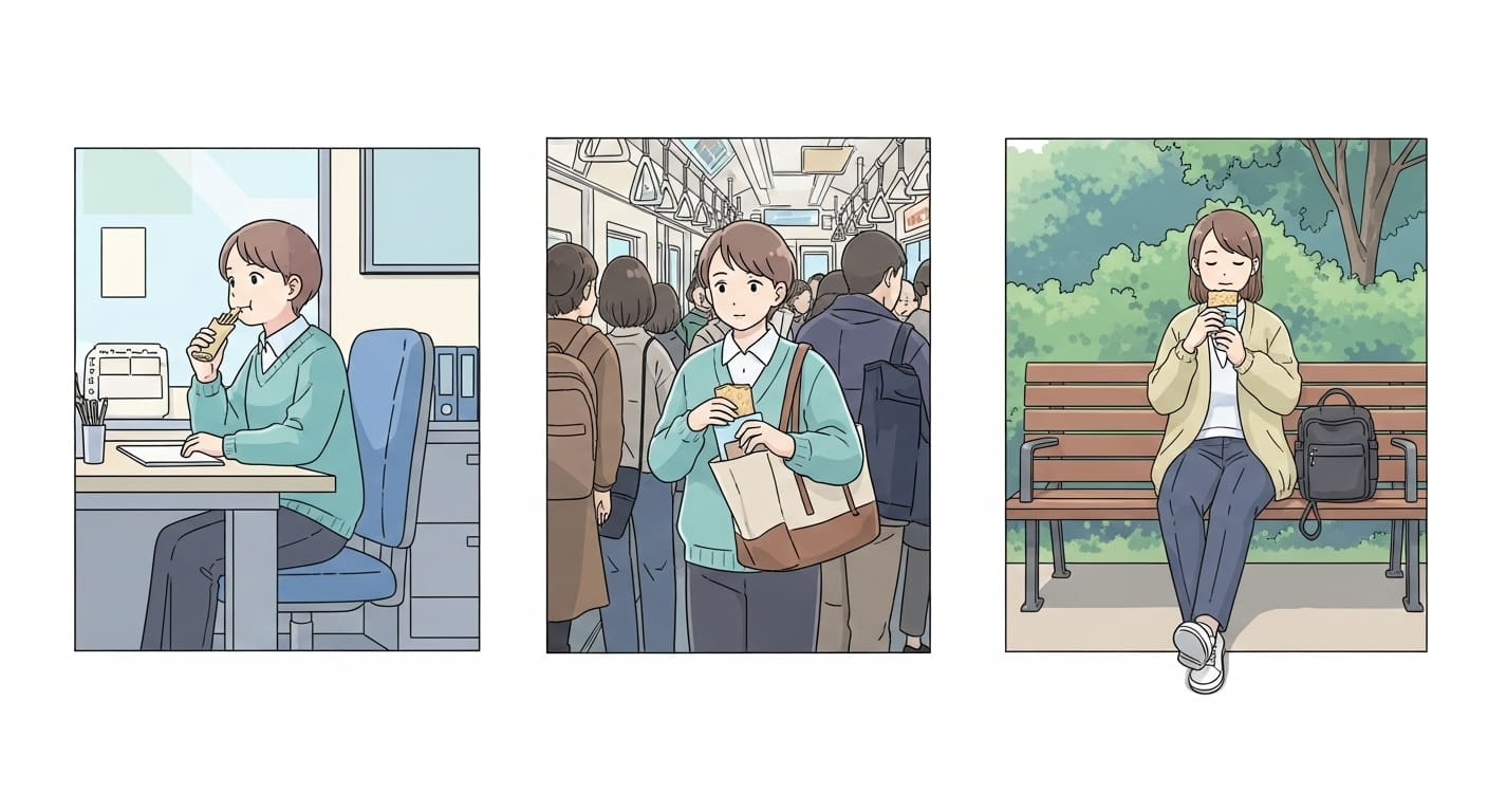 지하철이나-야외에서-개별-포장된-간식을-꺼내-먹는-캐릭터들