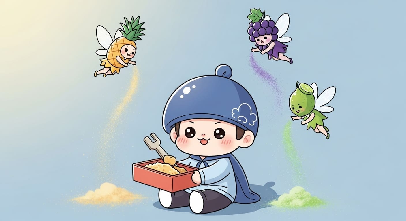 파인애플-포도-라임-요정이-주변을-날아다니는-것을-보는-캐릭터
