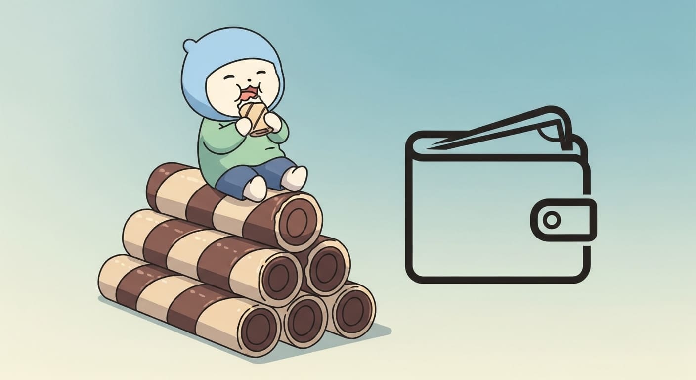 웨이퍼롤-산더미-위에-앉아-행복하게-간식을-먹는-캐릭터