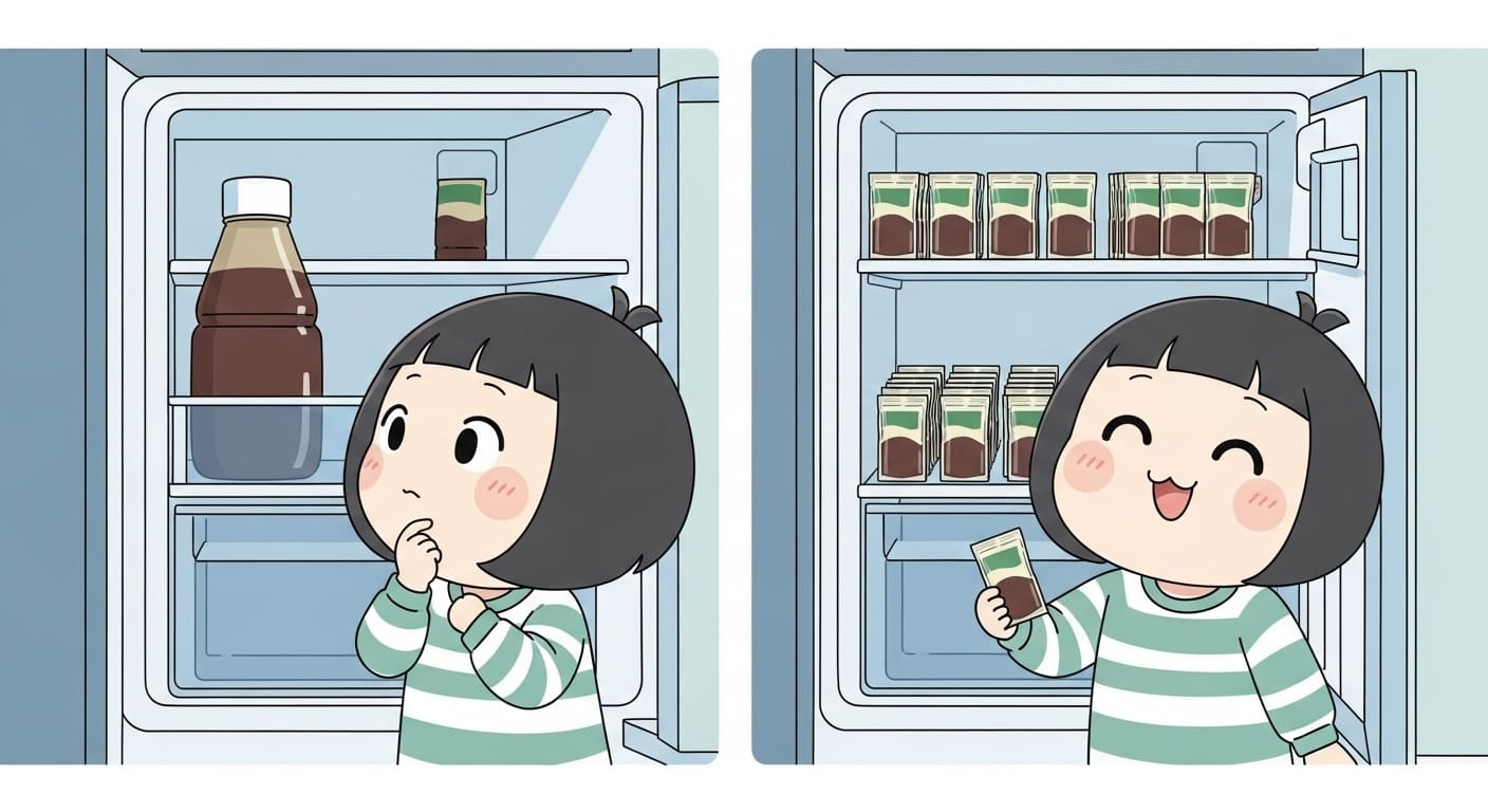 냉장고-앞에서-대용량-소스-병을-보며-낭비를-걱정하는-캐릭터