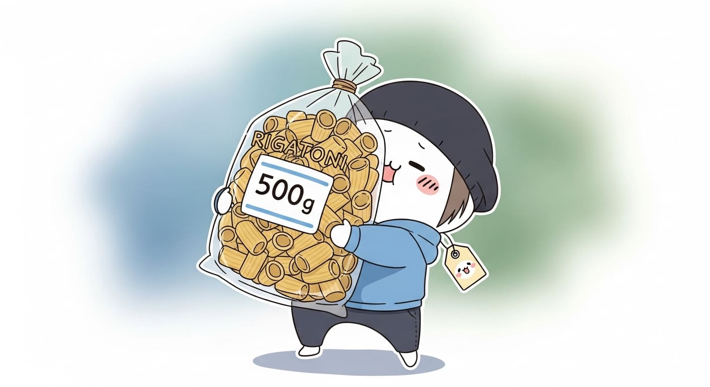500g-리가토니-파스타-봉지를-들고-있는-캐릭터와-작은-가격표