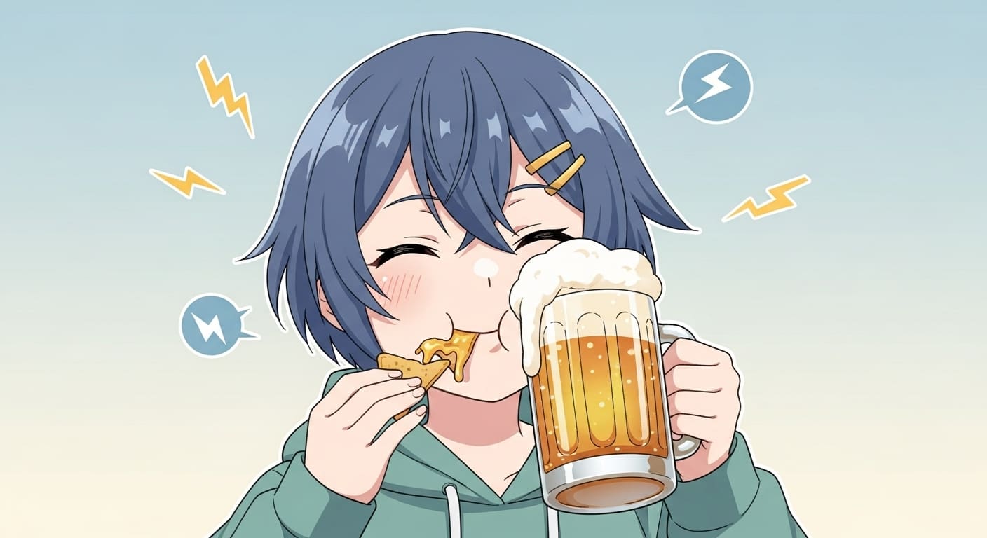 나쵸와-맥주를-함께-즐기며-행복해하는-귀여운-캐릭터