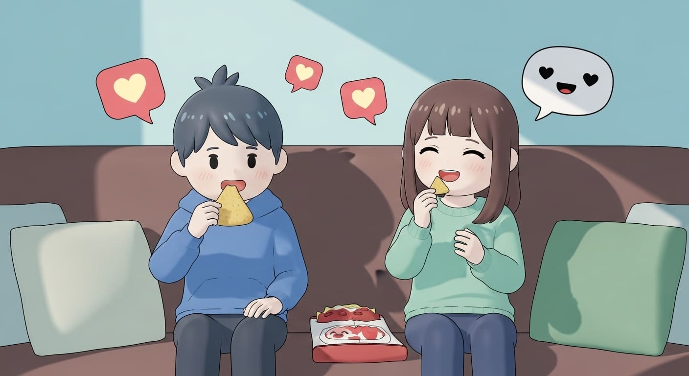 소파에-앉아-나쵸와-치즈-소스를-나눠-먹는-두-명의-귀여운-캐릭터