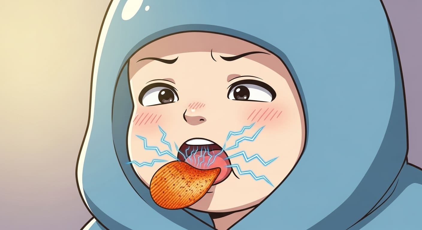 빨간-시즈닝이-된-마라맛-감자칩을-한-입-먹는-캐릭터