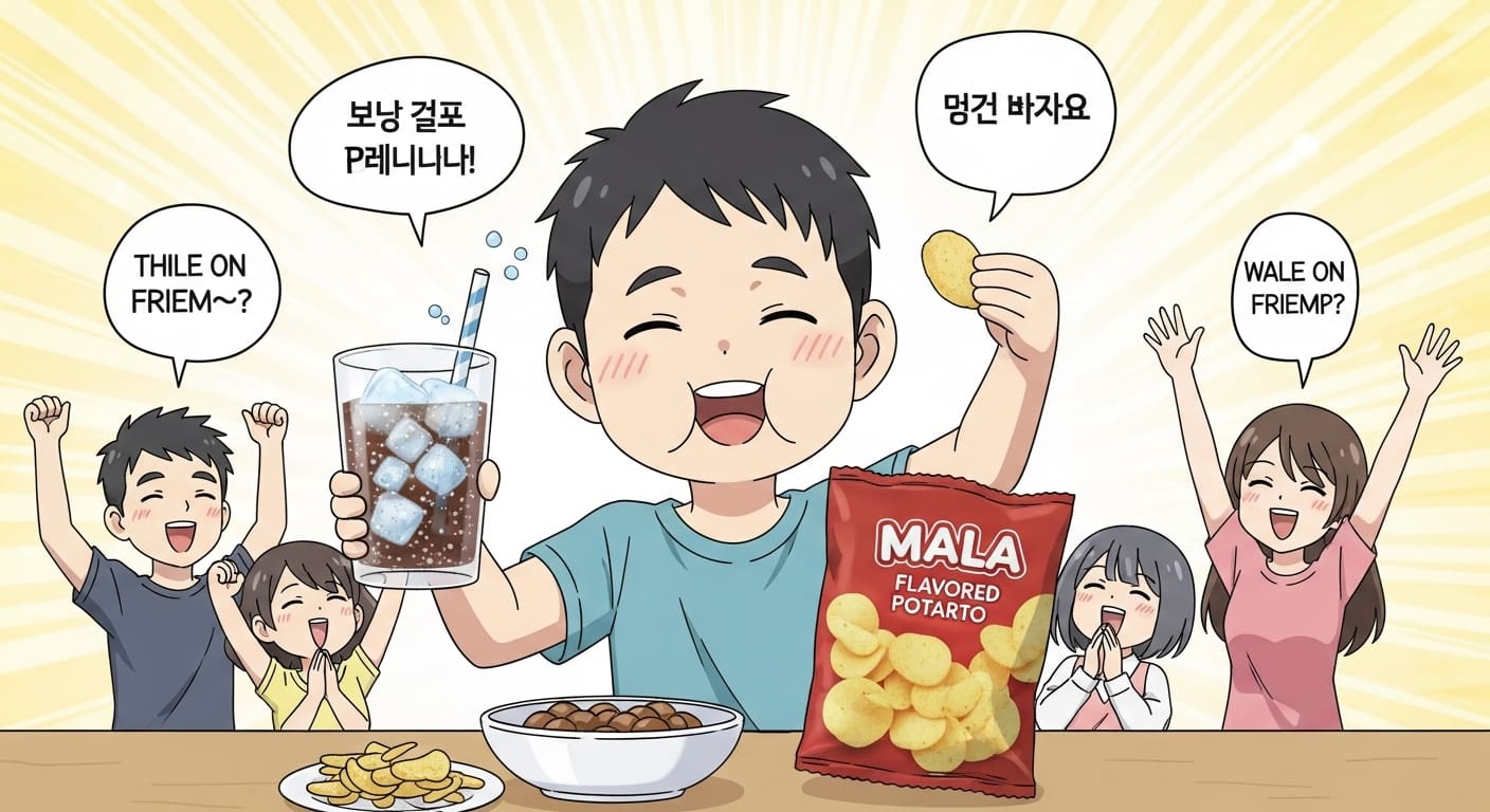 시원한-음료와-함께-마라맛-감자칩을-들고-있는-캐릭터