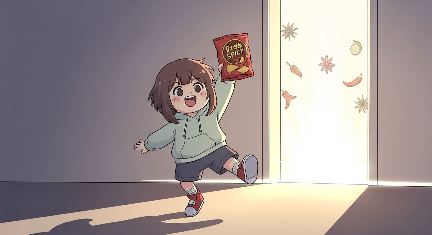 붉은-마라맛-감자칩을-들고-새로운-맛의-문턱으로-달려가는-캐릭터