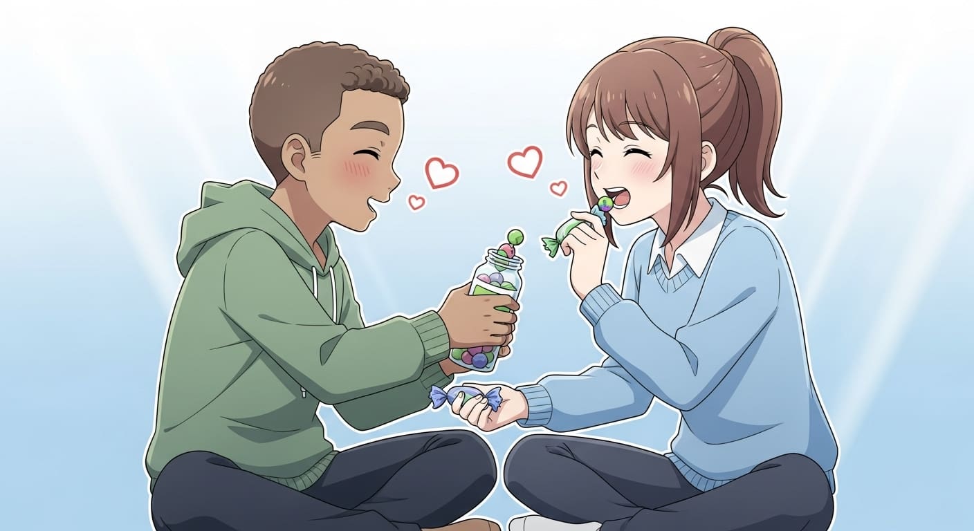 친구에게-바틀-용기를-건네며-사탕을-나눠주는-캐릭터