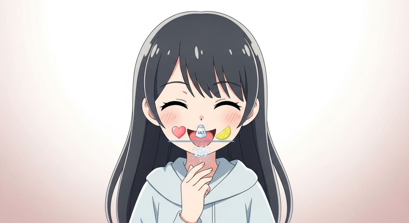 캐릭터-혀-위에-단맛-짠맛-새콤한-맛-아이콘이-균형을-이루고-있는-모습