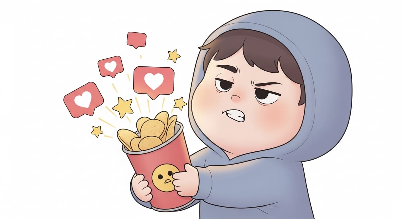 과자 통 주변에서 폭발하듯 터져 나오는 하트와 별 모양의 긍정적 후기 아이콘