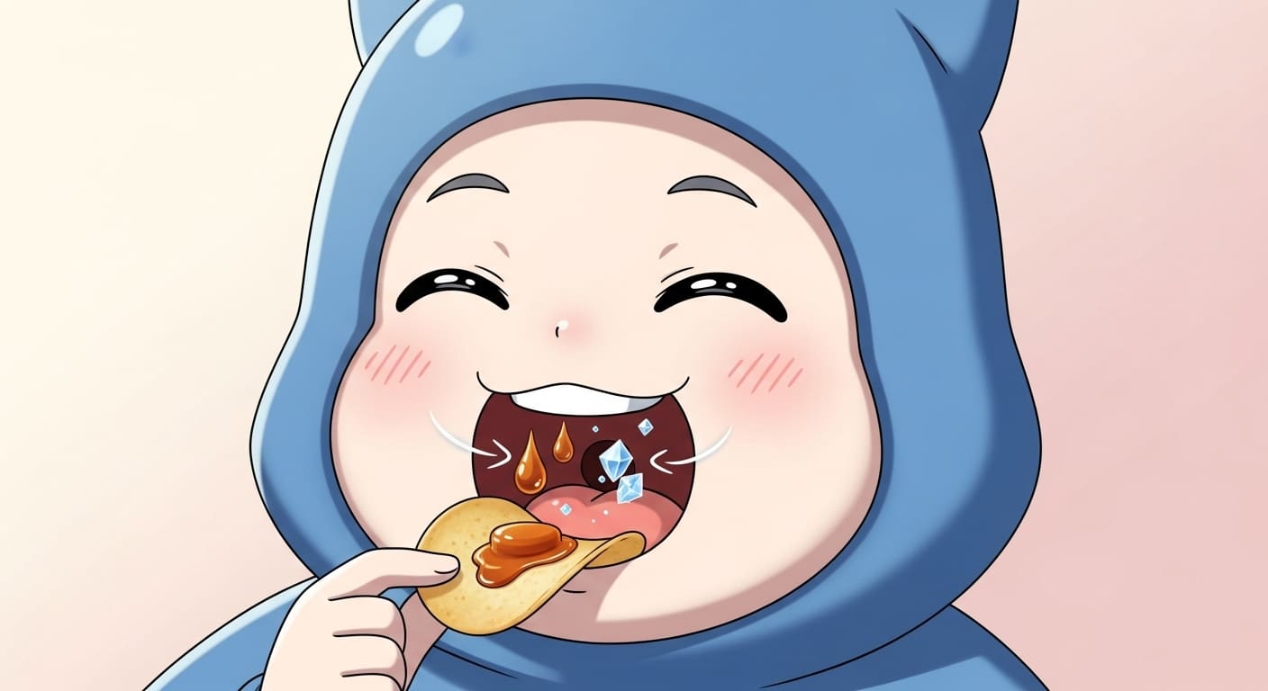 캐릭터의 입안에서 달콤한 카라멜과 짭짤한 소금 아이콘이 균형을 이루며 춤추는 모습