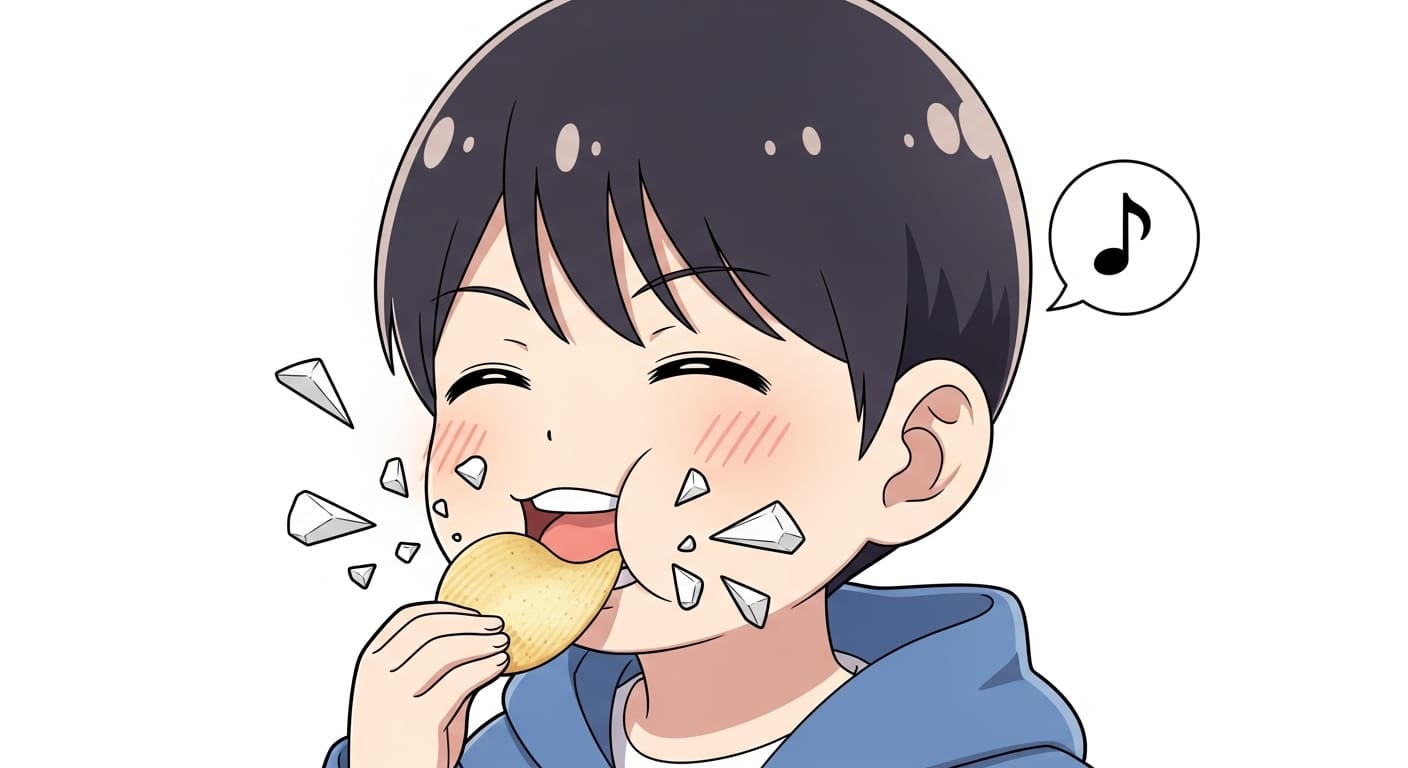 바삭한 감자칩을 힘차게 씹는 귀여운 캐릭터의 모습