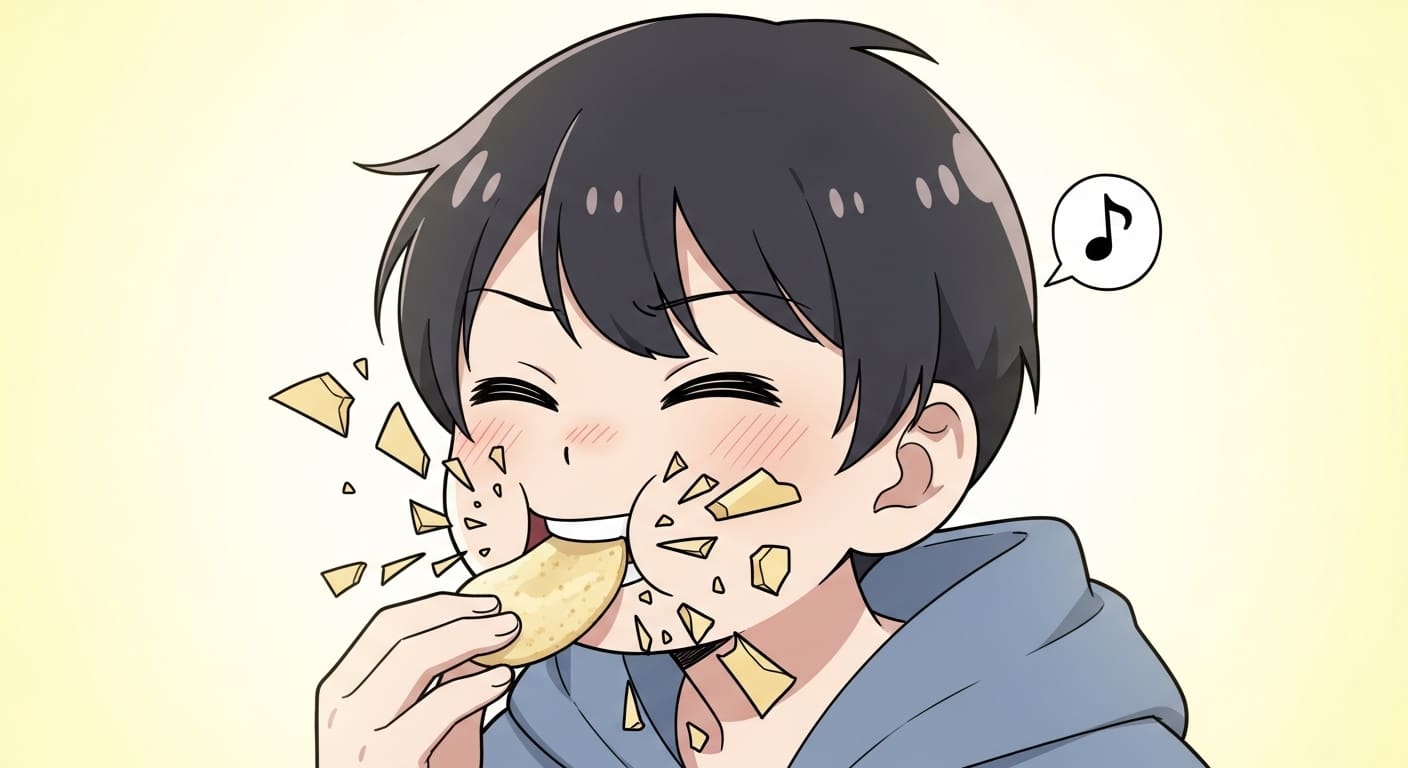 캐릭터 입 주변으로 흩날리는 바삭한 소리 파편과 귀에 떠오른 음표 아이콘