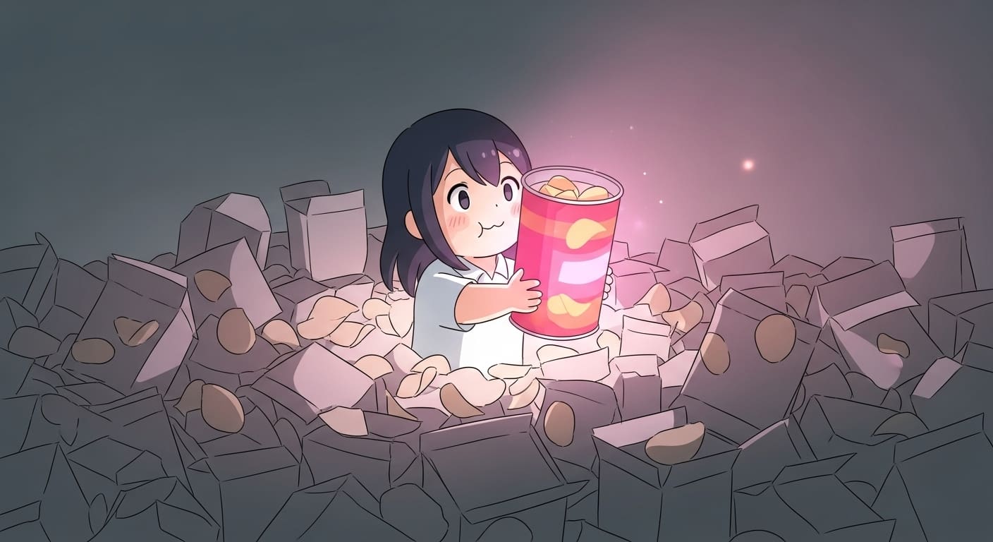 분홍빛 통에서 나오는 달콤한 빛을 따라 새로운 길로 나서는 캐릭터