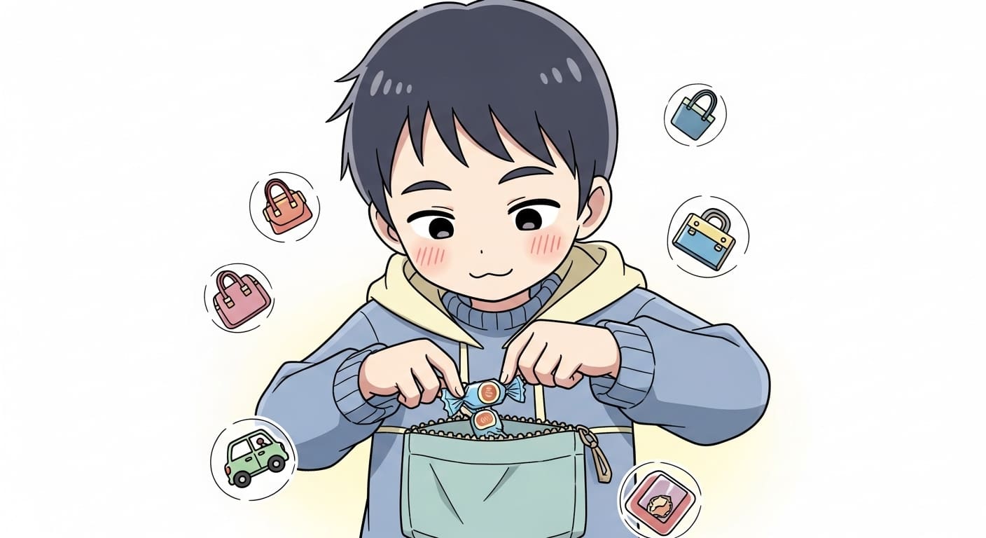 개별-포장을-깔끔하게-벗겨내고-사탕을-먹는-캐릭터와-다양한-휴대-장소-아이콘