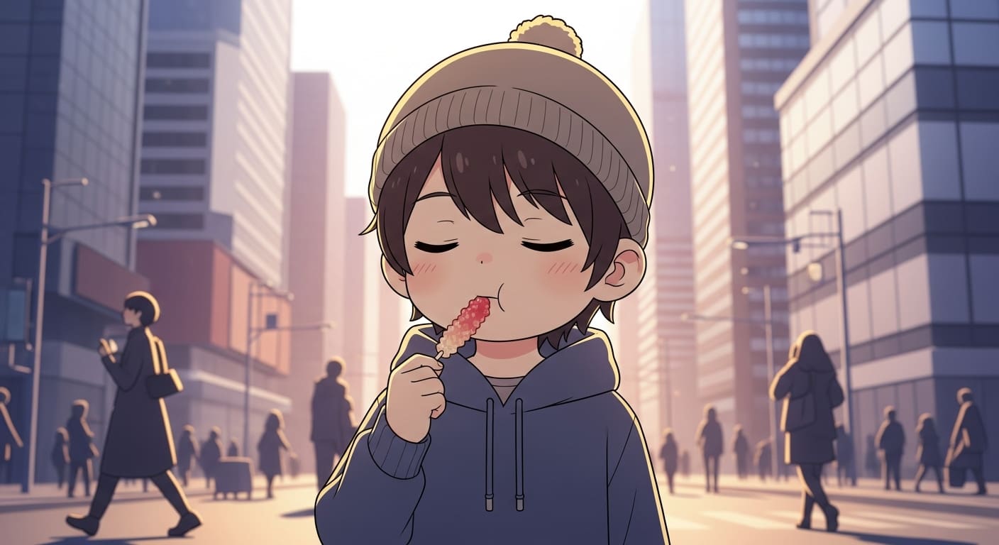 소금사탕을-먹으며-평온함을-느끼고-있는-캐릭터와-주변의-따뜻한-오라