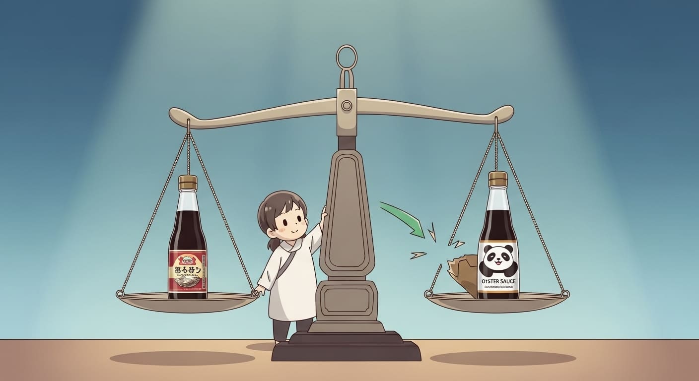 저울-양쪽에-다른-굴소스와-팬더-모양-굴소스를-올려놓는-캐릭터
