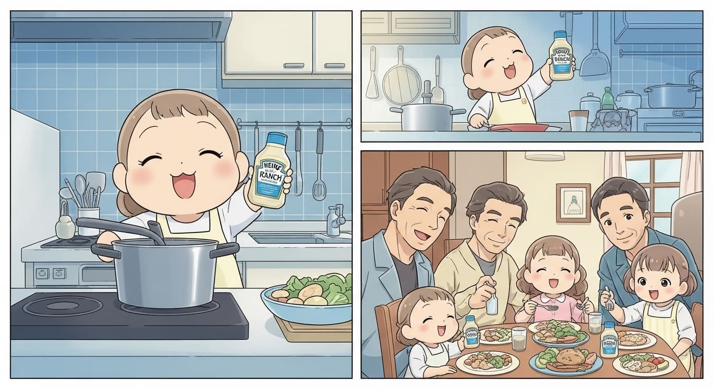 식구들이-랜치-드레싱이-곁들여진-음식을-맛있게-먹으며-행복해하는-모습