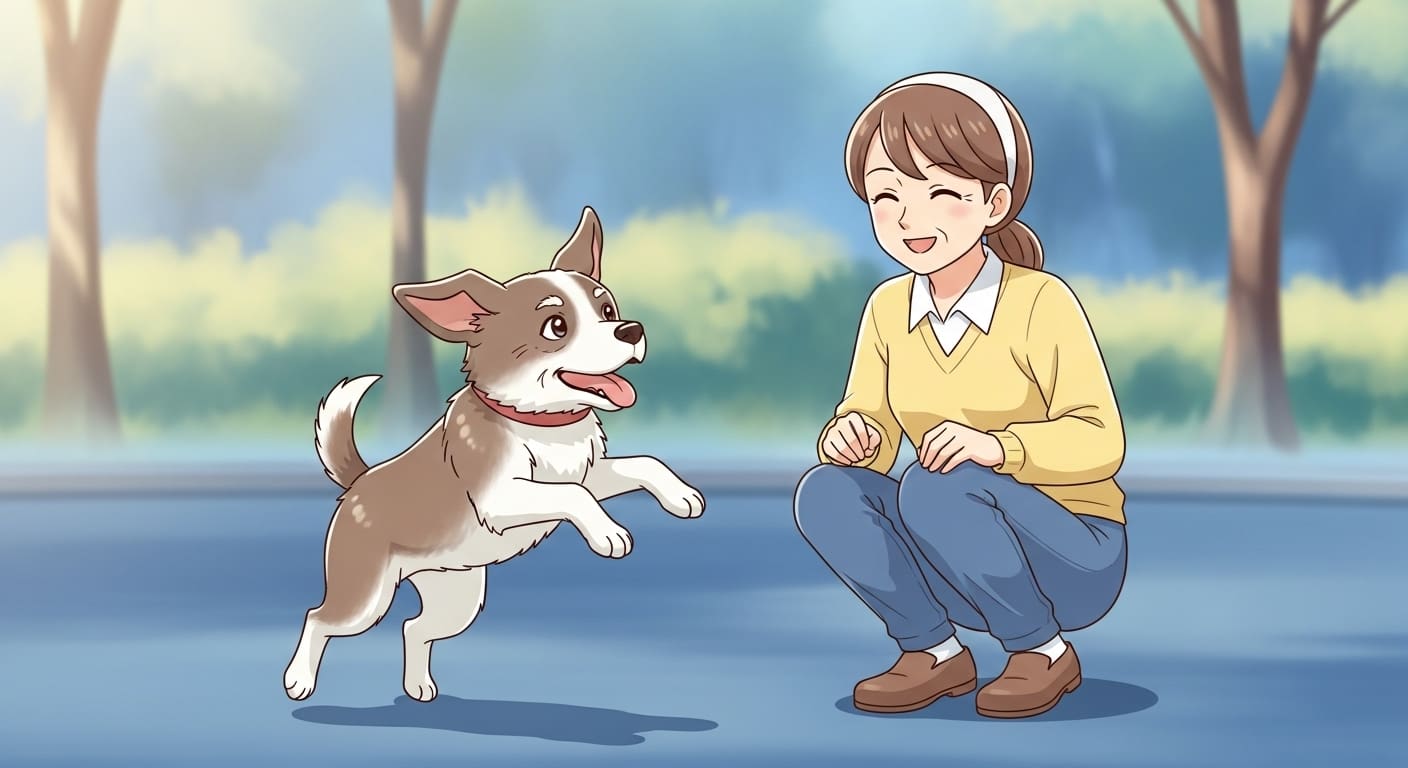 사료를-맛있게-먹는-노령견을-보고-환하게-미소-짓는-보호자-캐릭터
