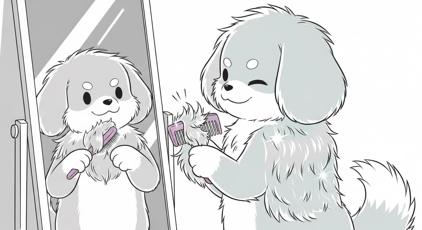 거울-앞에서-자신의-푸석한-털을-보고-걱정하는-강아지-캐릭터