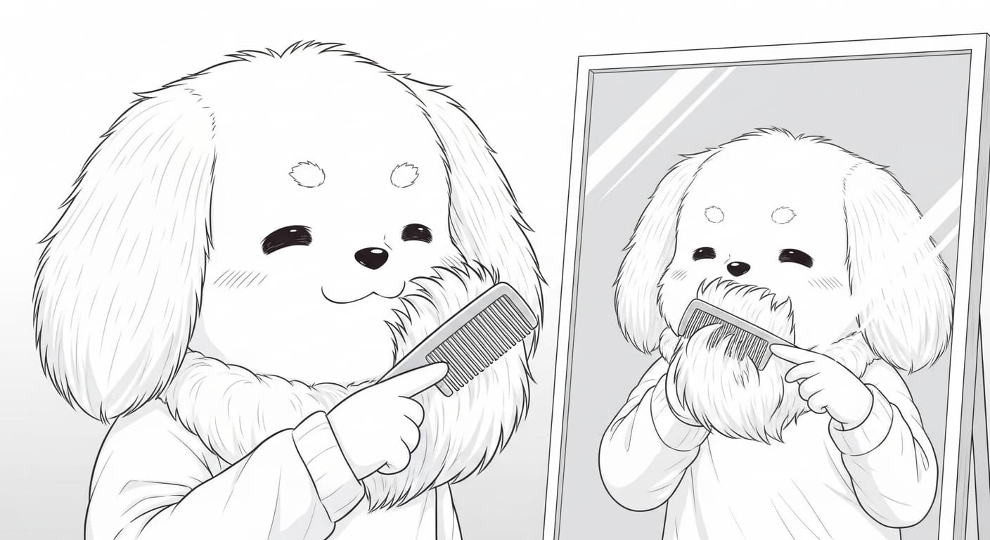 빗질을-하자-윤기가-흐르는-털을-보며-만족스러워하는-강아지-캐릭터