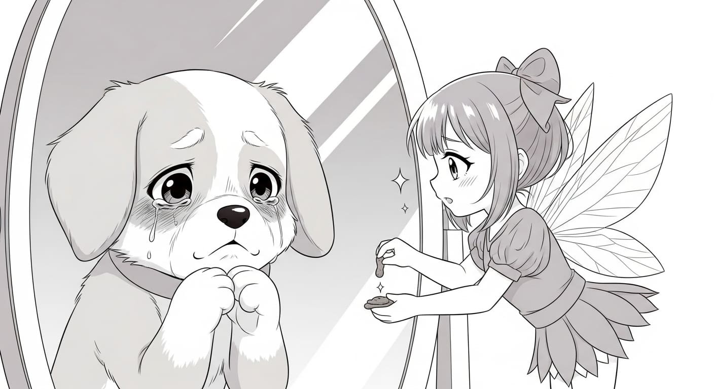 요정에게-반짝이는-특별한-사료를-건네받는-강아지-캐릭터