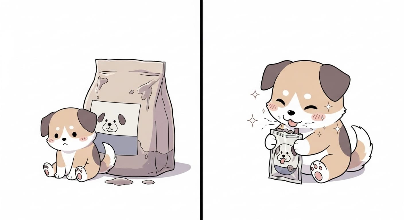 눅눅해진-대용량-사료-옆에서-시무룩한-표정의-강아지-캐릭터