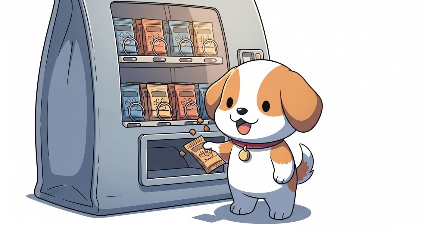 기능성-원료-아이콘이-담긴-밥그릇을-보며-기뻐하는-강아지-캐릭터