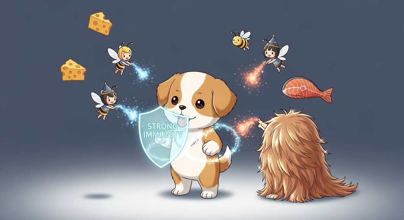 너무-큰-사료-알갱이-앞에서-쩔쩔매는-아기-강아지-캐릭터