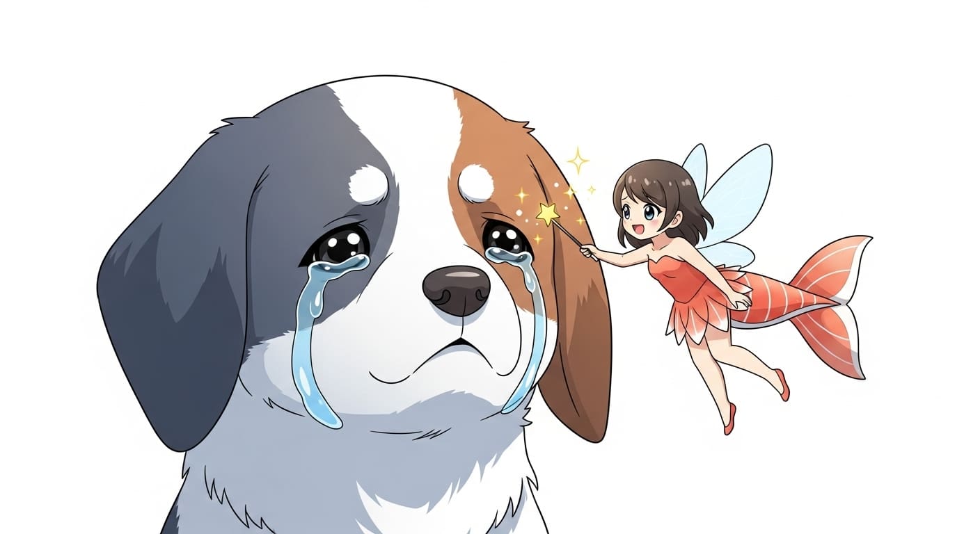 보호자-캐릭터가-강아지에게-하트-모양-사료를-건네는-모습