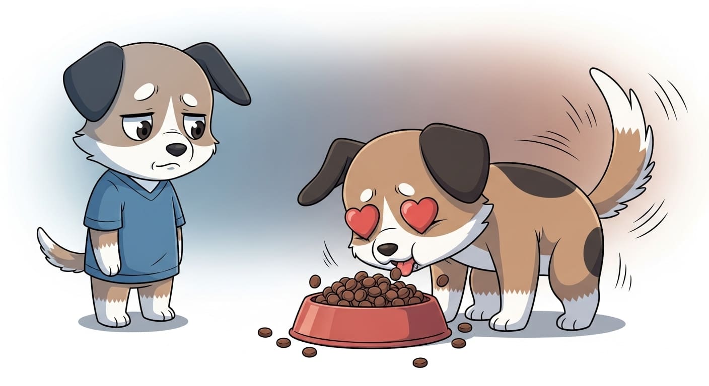 넉넉한-용량의-사료를-보고-부담-없는-지갑에-안심하는-보호자-캐릭터