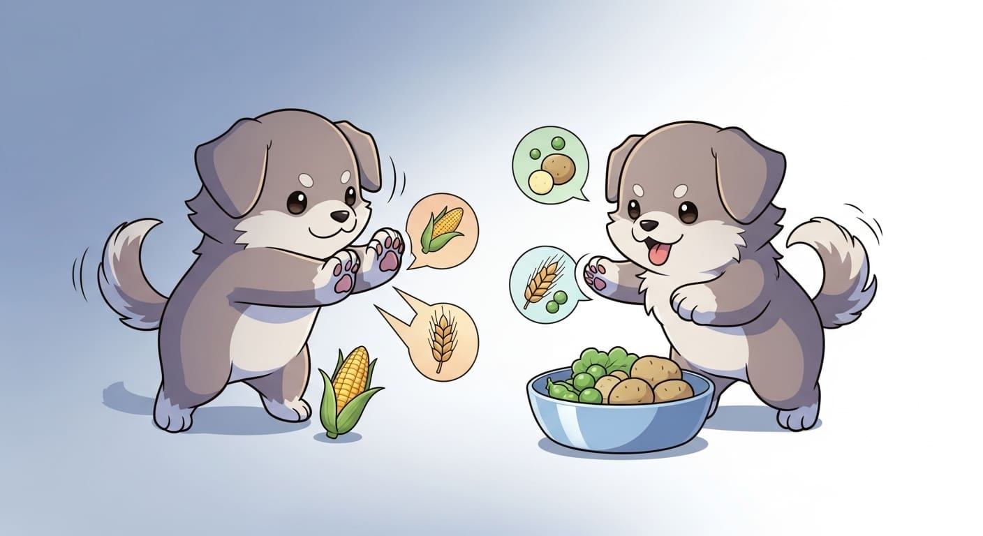 신선한-칠면조-연어-오리-고기를-선택하고-행복해하는-강아지-캐릭터