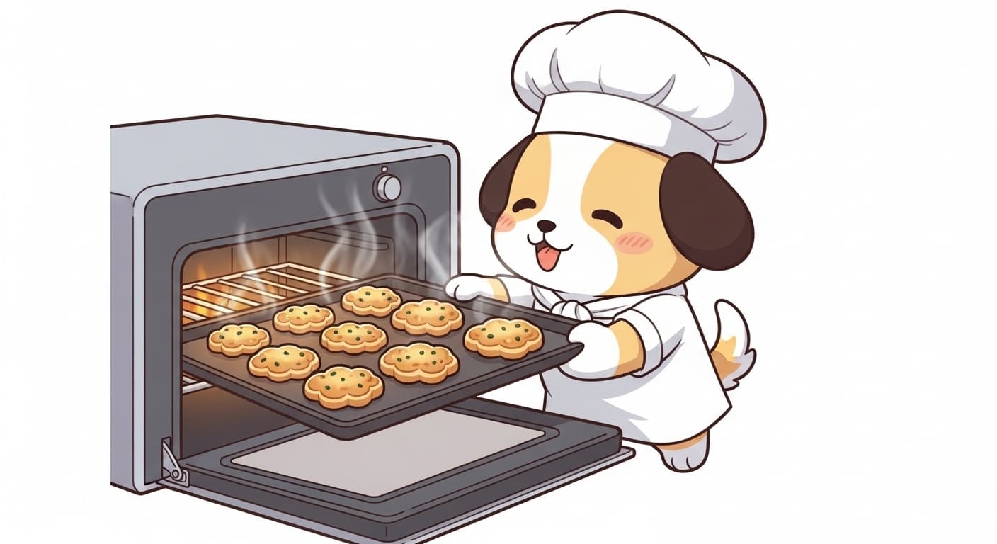 셰프-모자를-쓴-강아지가-오븐에서-노릇하게-구워진-사료를-꺼내는-모습