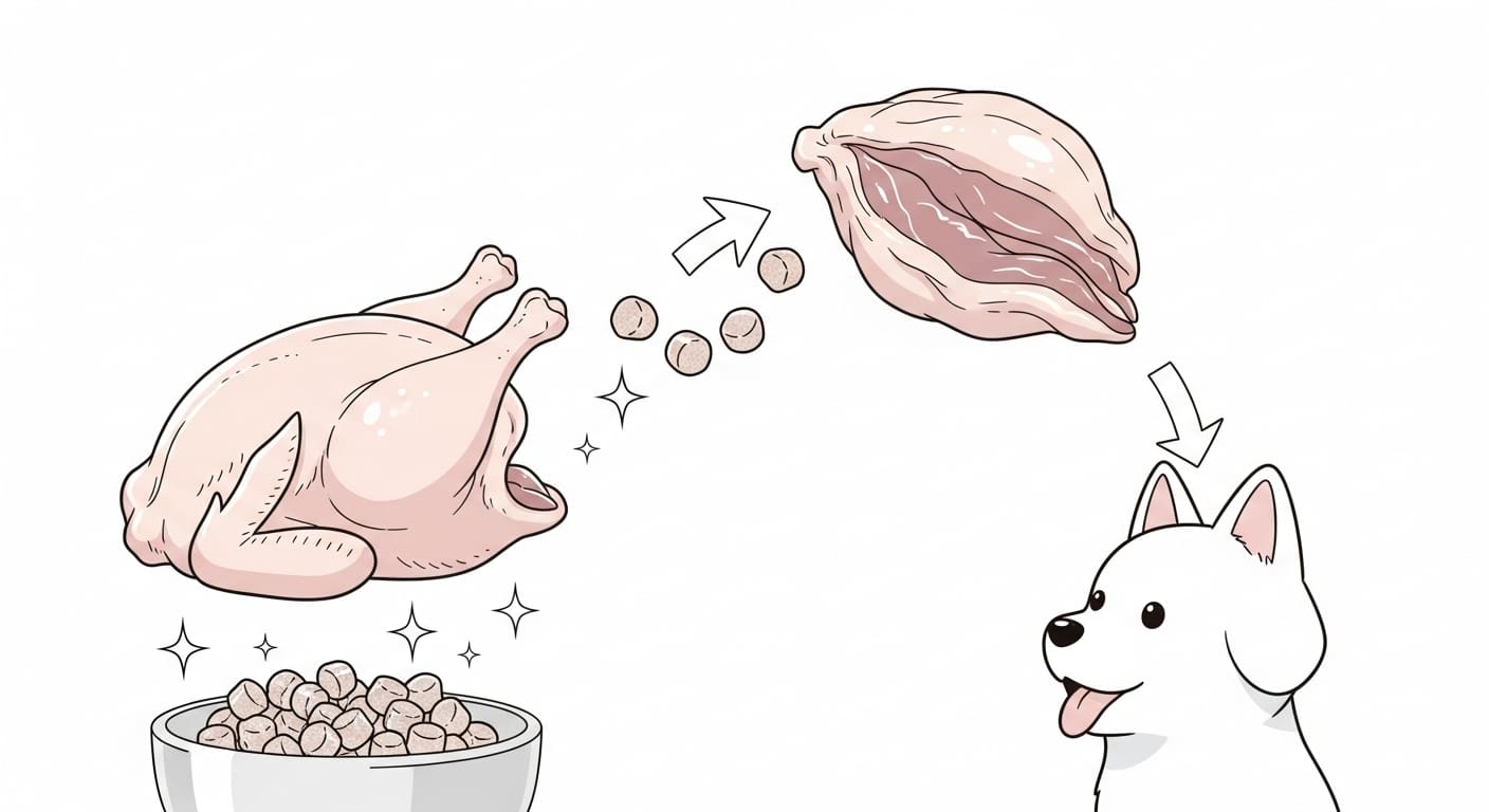 신선한-생-닭고기가-사료-알갱이로-변하는-과정을-지켜보는-강아지