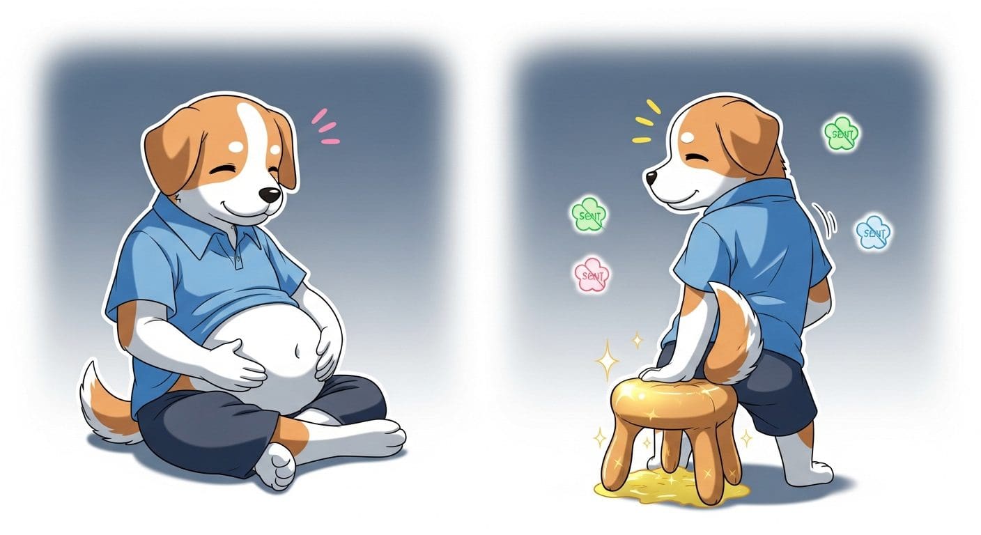 사료-걱정이-담긴-무거운-짐을-내려놓고-후련해하는-보호자-캐릭터
