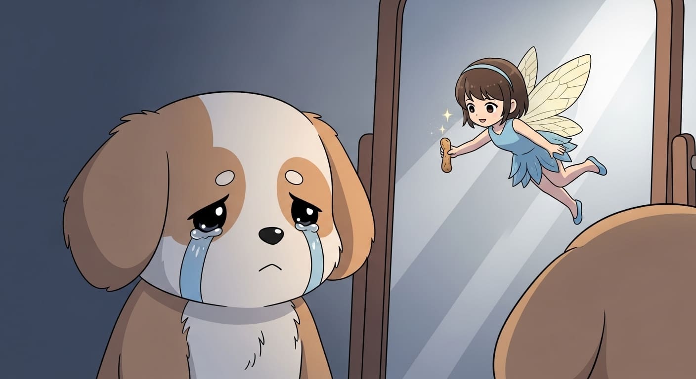 부드러운-고기-알갱이를-편안하게-먹으며-행복해하는-노령견-캐릭터