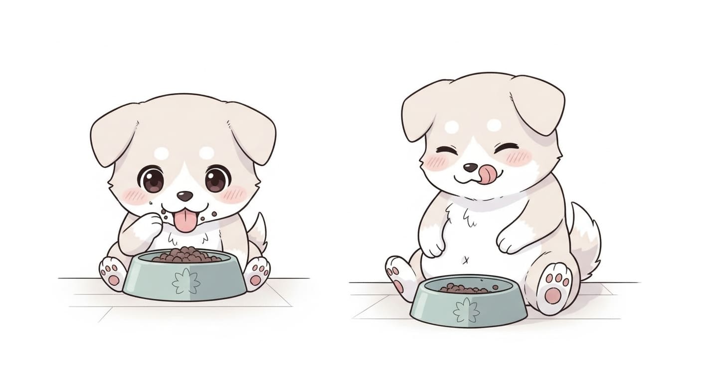 깨끗하게-비워진-밥그릇-옆에서-배를-두드리며-만족하는-강아지