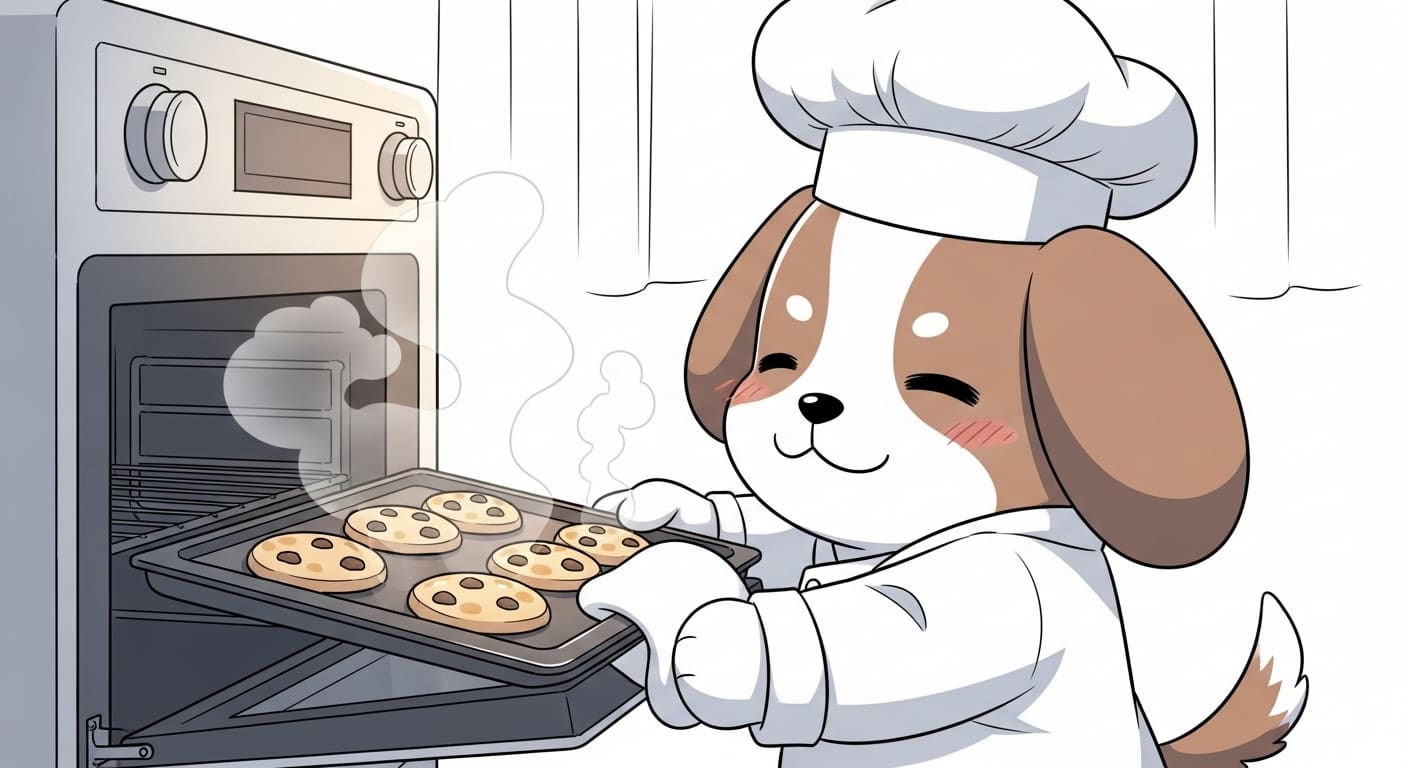 셰프-모자를-쓴-강아지-캐릭터가-오븐에서-노릇하게-구운-사료를-꺼내는-모습