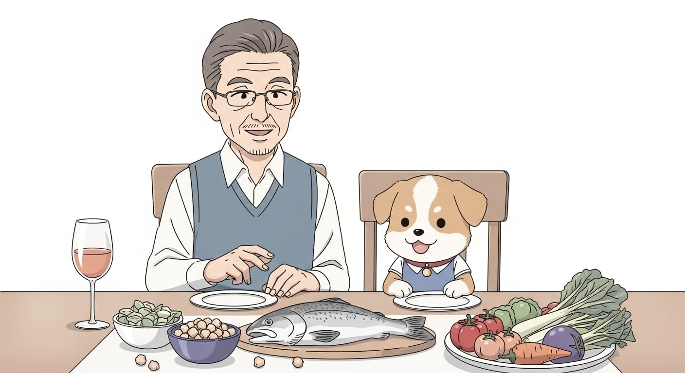 좋은-식재료를-보며-함께-만족스럽게-웃고-있는-보호자와-강아지-캐릭터