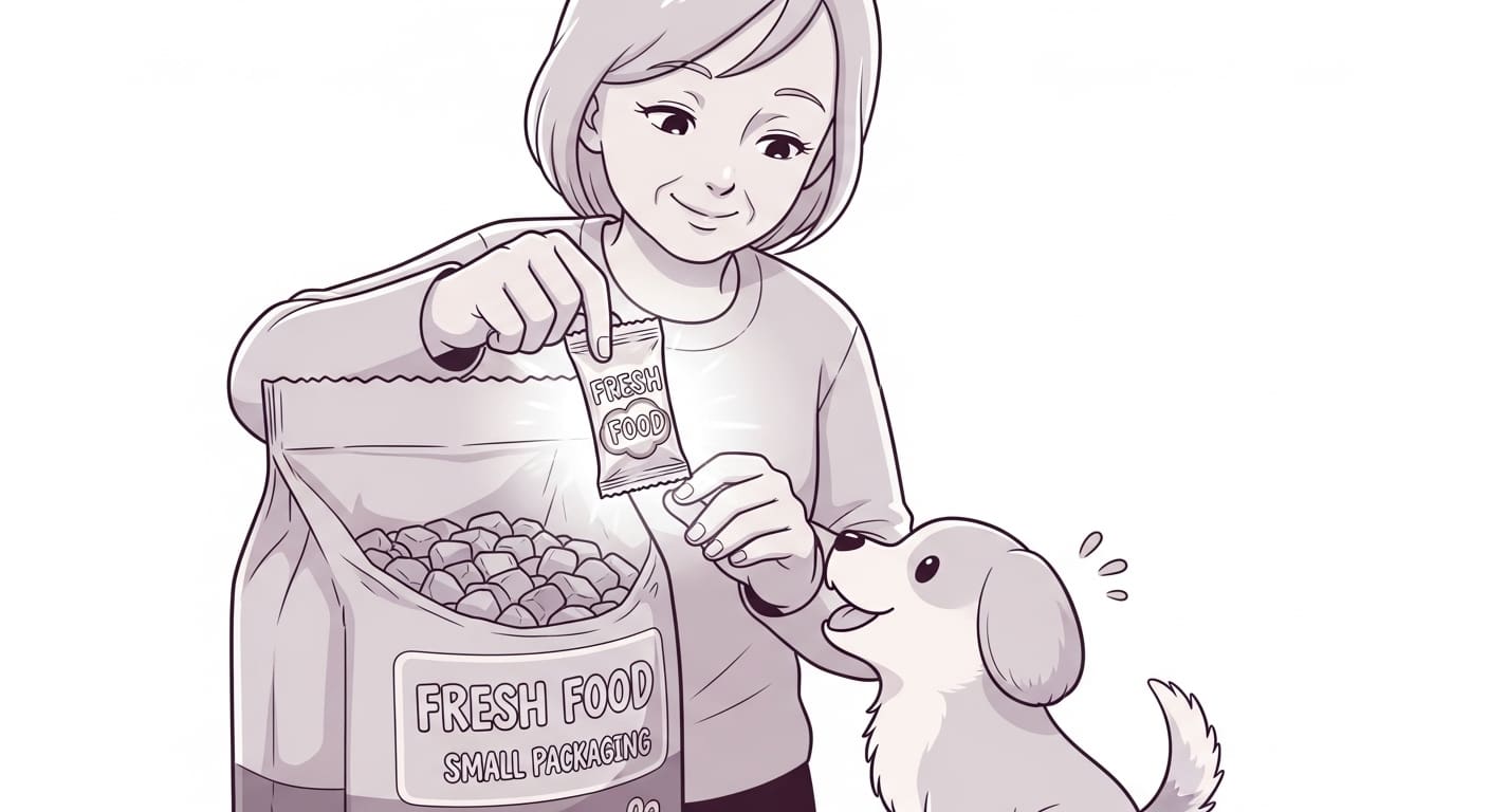 큰-사료-봉투에서-빛나는-작은-소포장-사료를-꺼내는-보호자-캐릭터