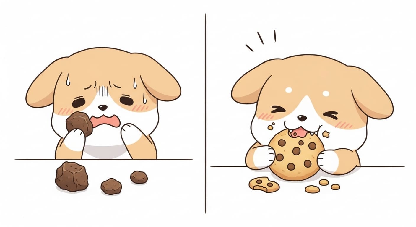 딱딱한-사료-앞에서-먹기-힘들어-울상을-짓는-강아지-캐릭터