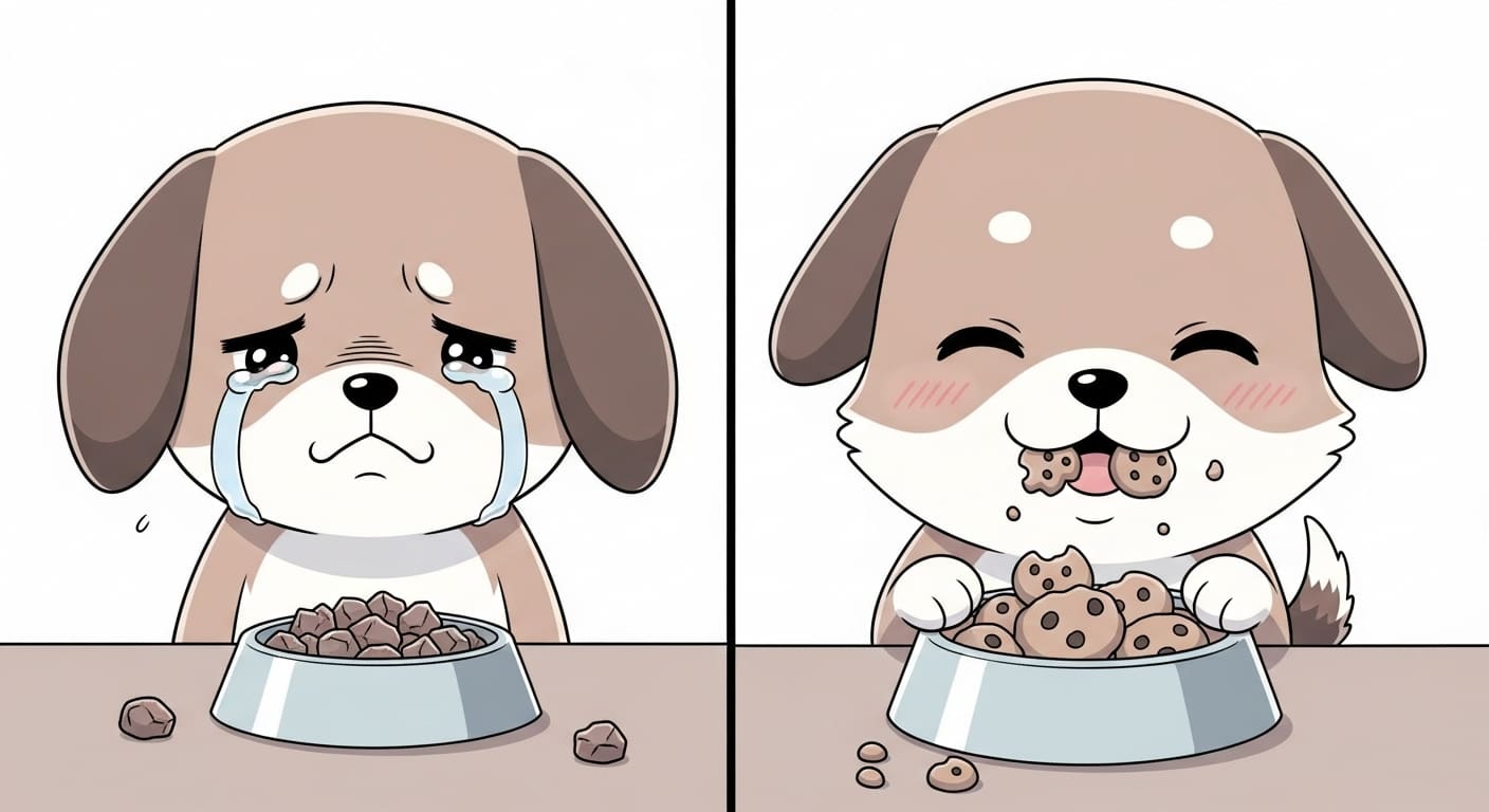 부드러운-쿠키-모양의-사료를-행복하게-먹고-있는-강아지-캐릭터