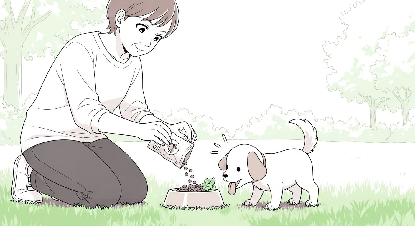 보호자가-산책-중에-작은-소포장-사료를-뜯어주는-모습