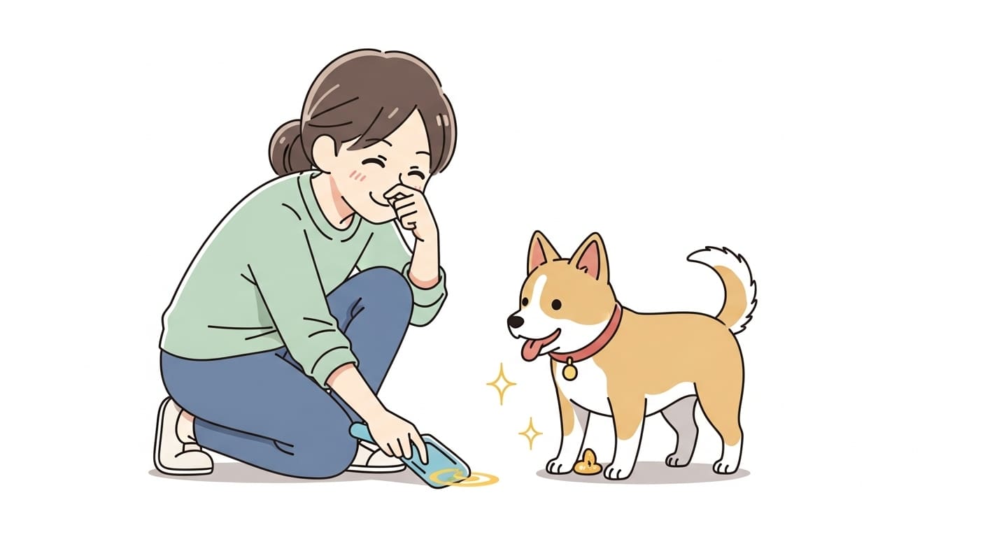 반짝이는-황금색-변을-보고-놀라는-보호자-캐릭터와-뿌듯한-강아지-캐릭터