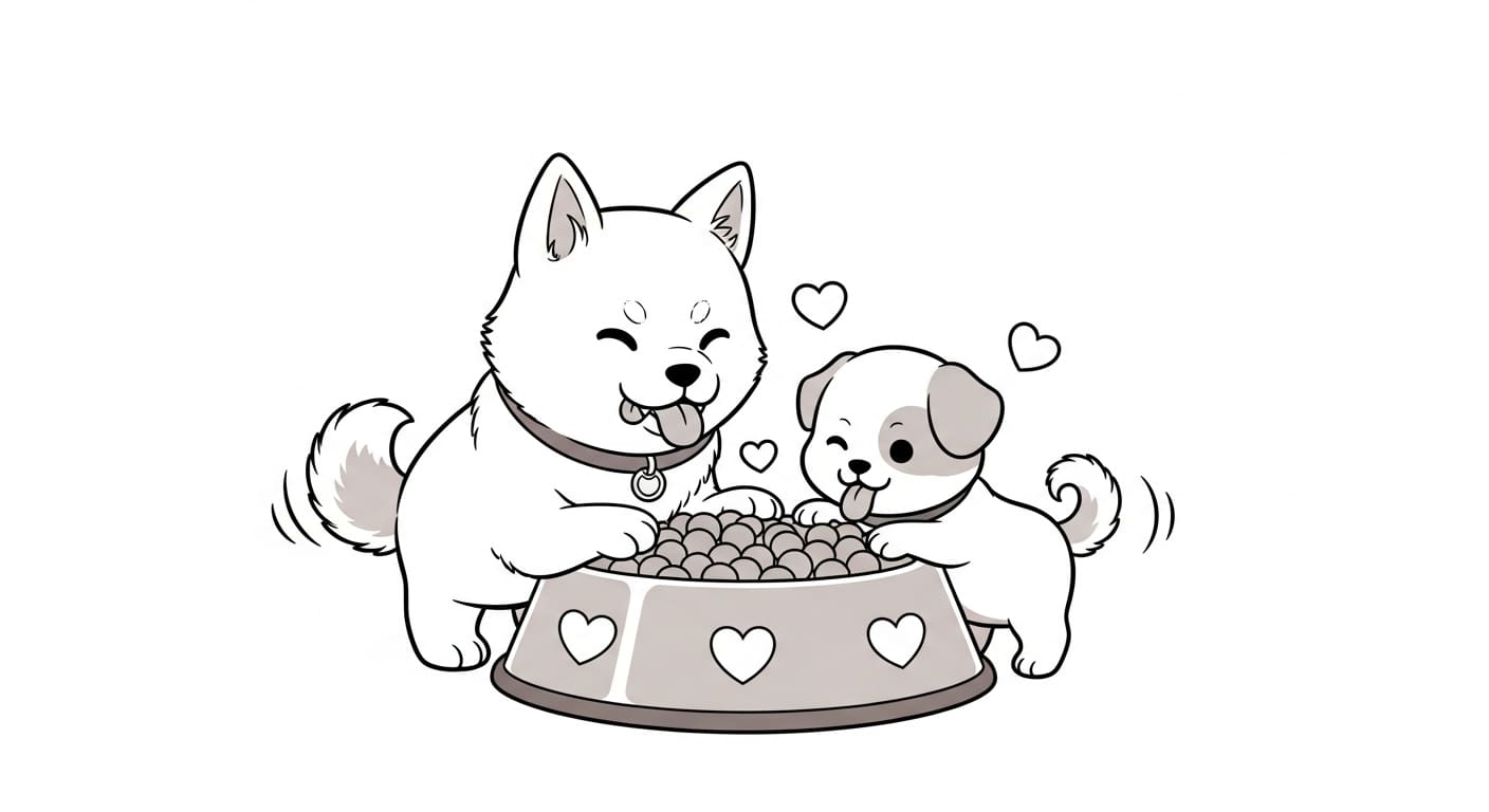 커다란-하나의-밥그릇에서-함께-사료를-먹는-엄마-강아지와-아기-강아지